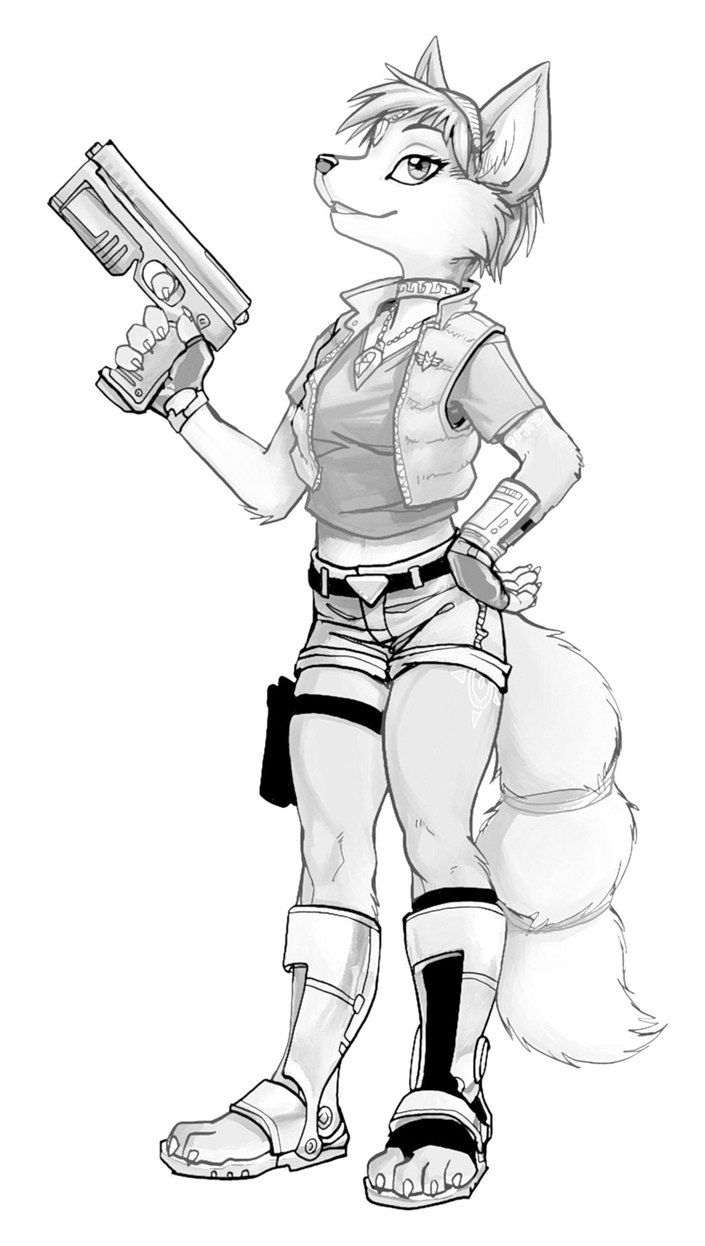 animal_ears belt black_socks boots bracelet collar female fingerless_gloves fox fox_ears fox_tail furry girl gloves grin gun hairband hands_on_hips highres holster hotpants jewelry kneehighs krystal legs midriff monochrome navel necklace one_sock pistol shirt shorts simple_background smile smirk socks solo standing starfox tail tattoo vest weapon