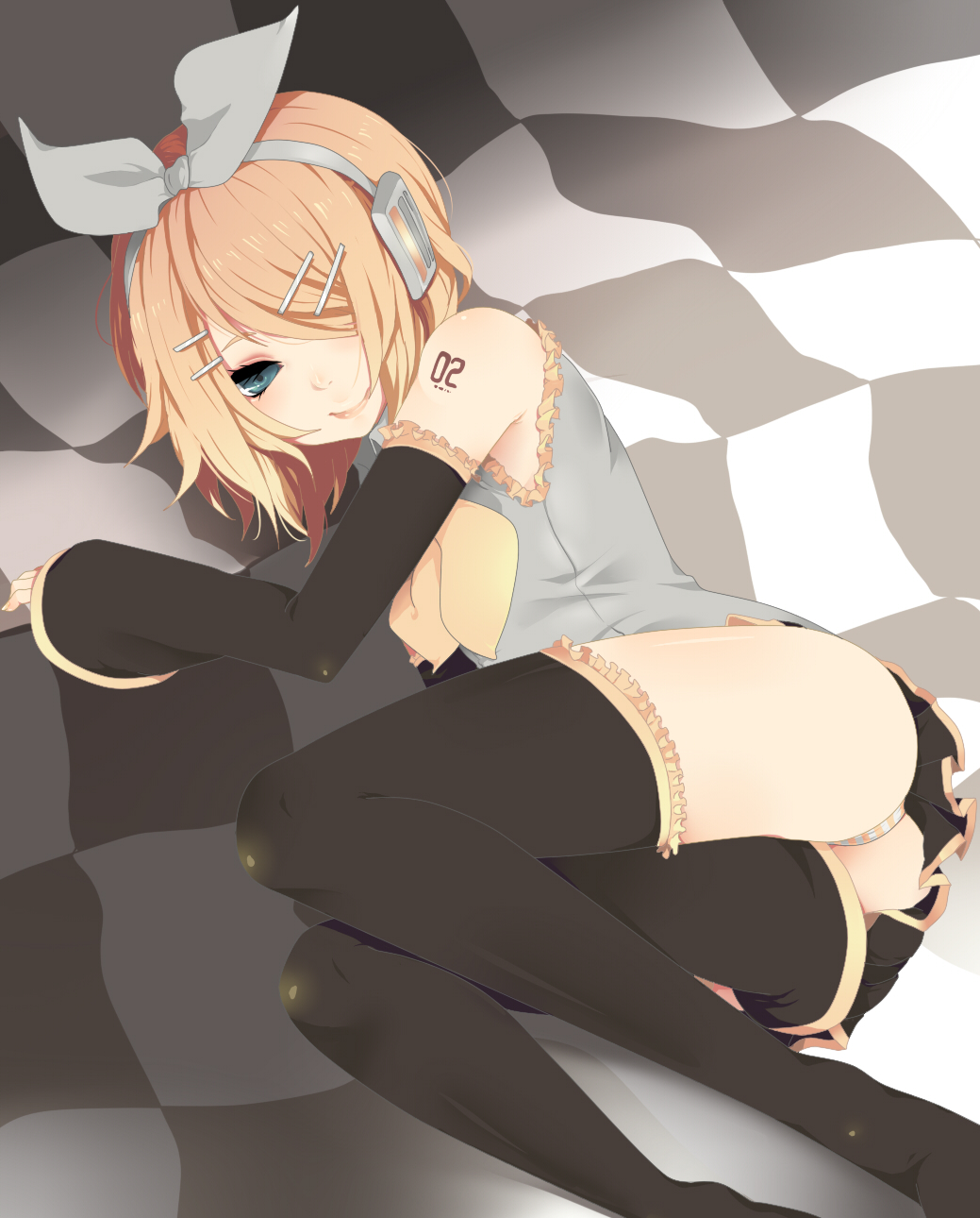 aqua_eyes blonde_hair detached_sleeves hair_over_one_eye highres kagamine_rin lying on_side short_hair skirt smile solo takesouko thigh-highs thighhighs vocaloid zettai_ryouiki