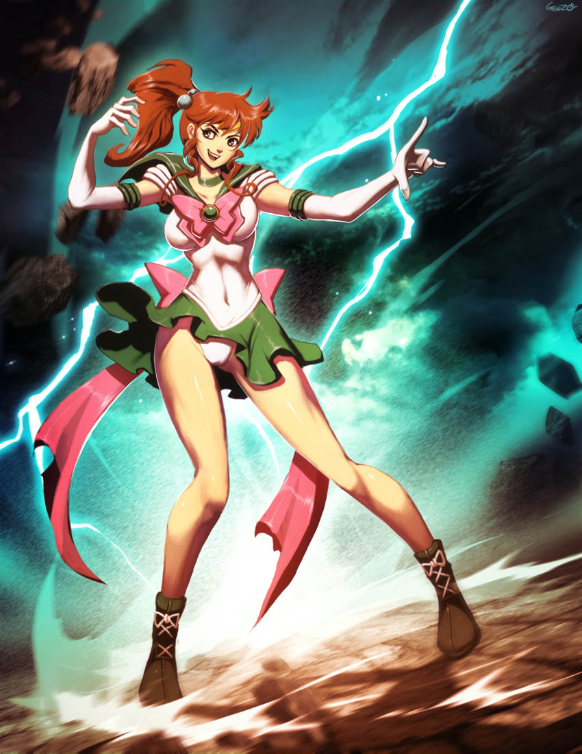 \m/ bishoujo_senshi_sailor_moon brown_hair elbow_gloves genzoman gloves green_eyes hair_bobbles hair_ornament kino_makoto lightning long_hair magical_girl panties pantyshot ponytail pose sailor_jupiter sailor_senshi serafuku solo thunder tiara