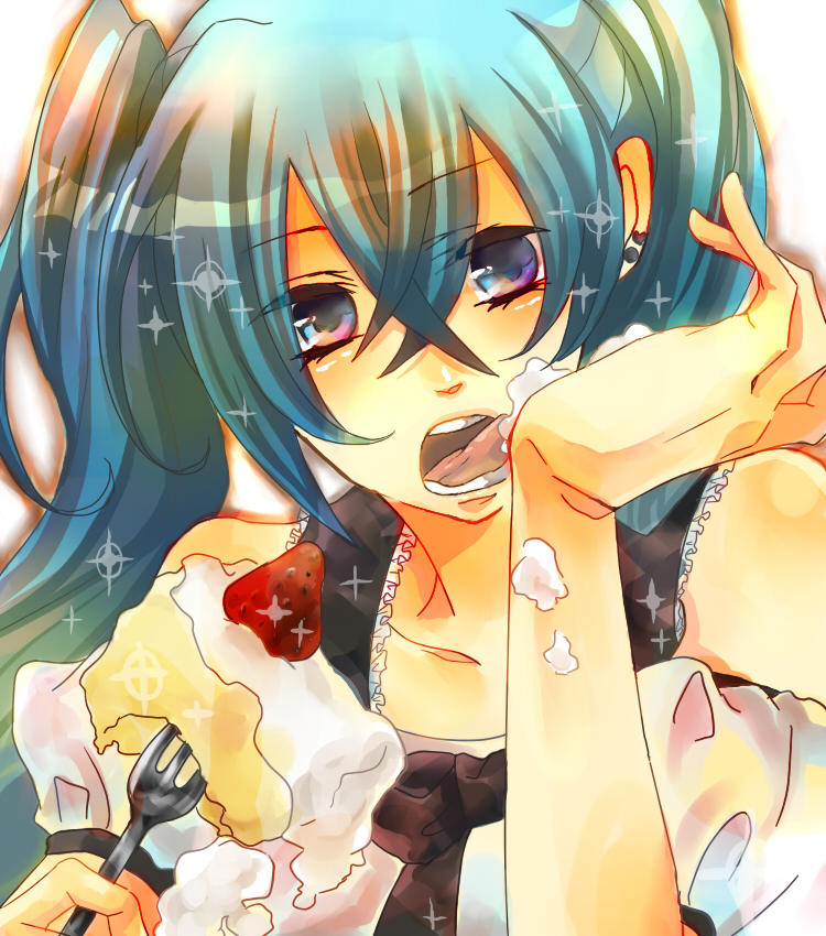 aqua_hair bad_id cake eating food fruit hatsune_miku icing licking long_hair pastry solo strawberry tongue twintails uyu_(freedomasky) vocaloid