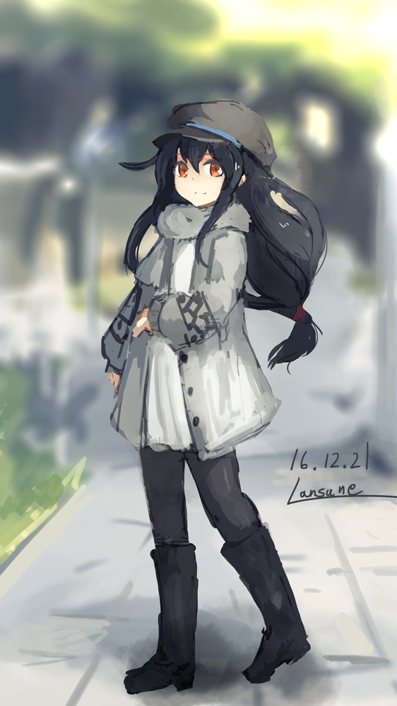 1girl artist_name black_hair blurry boots brown_eyes casual coat contemporary dated depth_of_field dress flat_cap hair_between_eyes hair_ornament hairclip hat hatsushimo_(kantai_collection) kantai_collection lansane long_hair long_sleeves looking_at_viewer open_clothes open_coat pantyhose scarf sidelocks sidewalk smile solo white_dress winter_clothes winter_coat