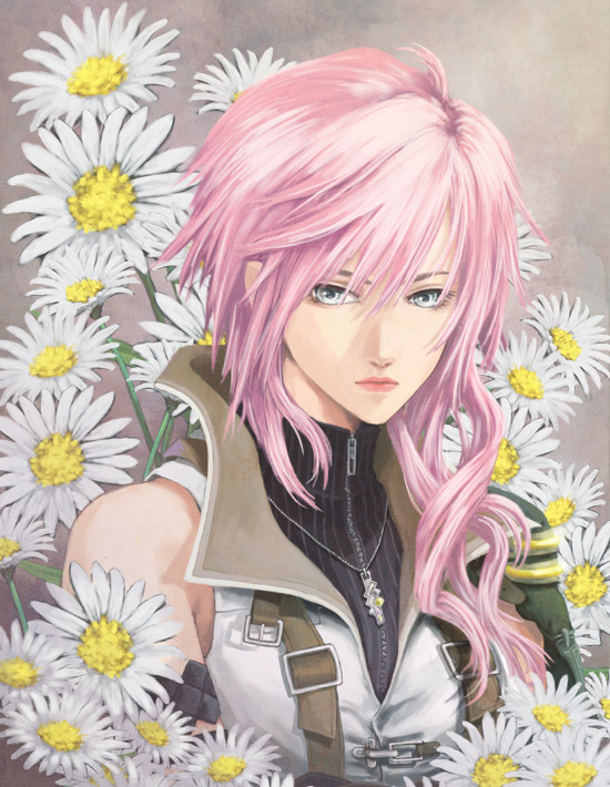 blue_eyes final_fantasy final_fantasy_xiii flower jewelry lightning_(ff13) lightning_farron lips long_hair necklace pendant pink_hair reann solo strap zipper