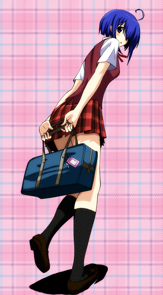 bag blue_eyes blue_hair hair_over_one_eye kiiro looking_back mahou_sensei_negima! miyazaki_nodoka plaid plaid_skirt school_uniform short_hair skirt tartan vest