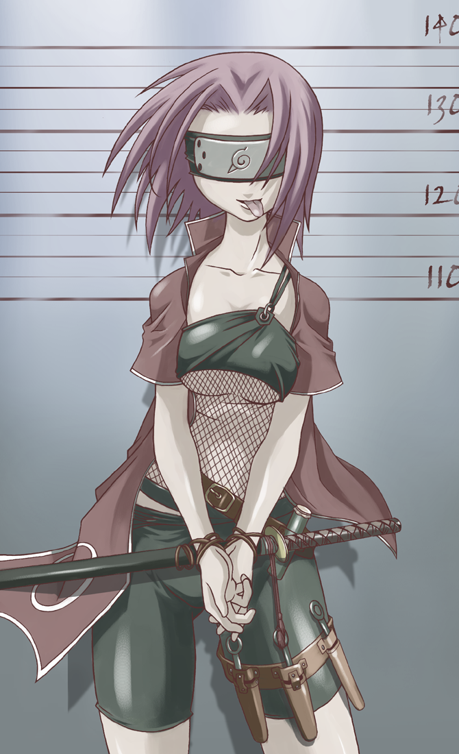 belt bike_shorts blindfold bondage bound_arms breasts bsdm fishnets forehead_protector haruno_sakura latex mugshot naruto open_shirt pink_hair rope shorts skin_tight solo spandex standing sword tasaka_shinnosuke tongue under_boob weapon