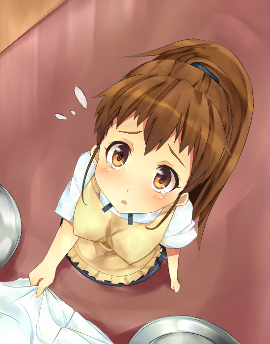 1girl blush breasts brown_eyes brown_hair from_above long_hair looking_up open_mouth ponytail restaurant skirt solo steam_(artist) suchiimu taneshima_popura tears working!!