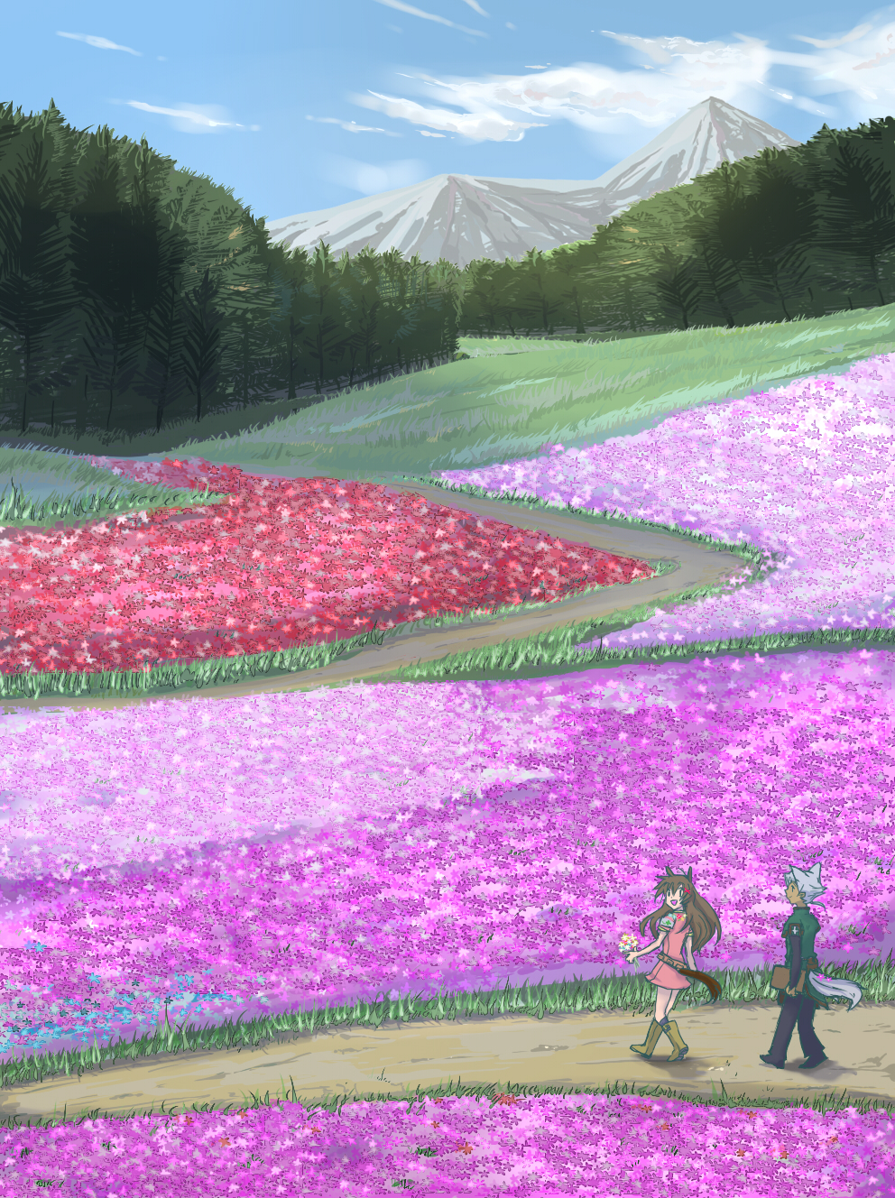 boots cloud clouds field flower flower_field forest forest_of_pixiv grass highres katagiri mountain nature path pixiv pixiv_fantasia road scenery sky smile tail tree