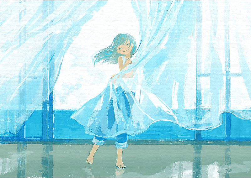 1girl ^_^ backlighting bangs bare_arms bare_shoulders barefoot blue_pants blue_theme closed_eyes closed_mouth curtain_grab curtains denim dot_nose facing_viewer floating_hair floor full_body grey_hair hand_up happy head_tilt holding indoors jeans leg_up long_hair monaka_(siromona) no_lineart open_window original pale_color pants pants_rolled_up reflective_floor room sleeveless smile solo standing swept_bangs tank_top transparent white_tank_top wind window