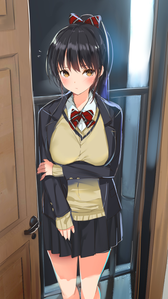1girl arm_under_breasts black_hair black_jacket black_skirt blazer blush bow bowtie breast_hold breasts closed_mouth collared_shirt commentary_request door doorway hair_bow hand_on_own_arm jacket large_breasts long_hair long_sleeves looking_at_viewer night original pleated_skirt ponytail red_bow red_bowtie school_uniform shirt skirt sleeves_past_wrists solo standing striped striped_bow sweater white_shirt wooden_door yaegashi_nan yellow_eyes yellow_sweater