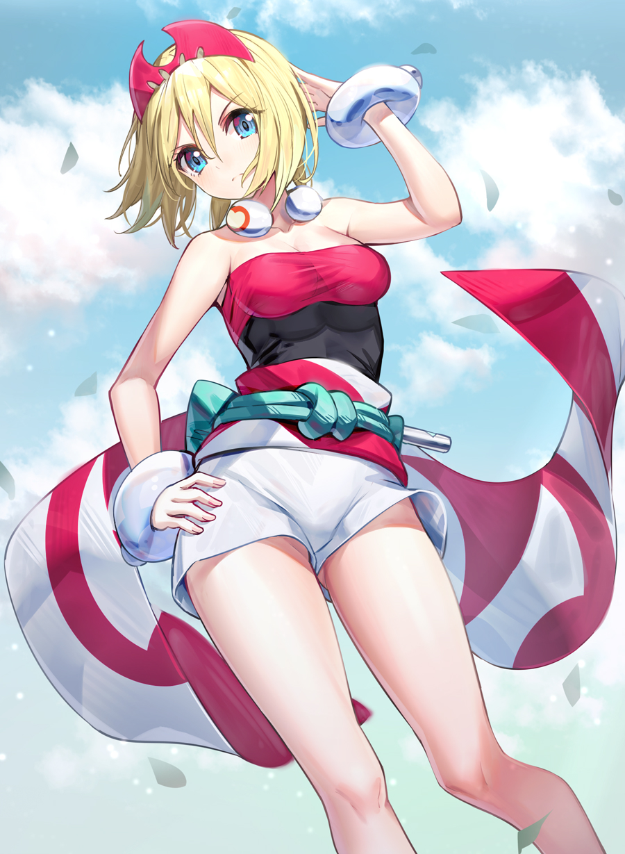 1girl arm_up bangs bare_shoulders blonde_hair blue_eyes blue_sky breasts clouds cloudy_sky collarbone commentary_request day eyebrows_visible_through_hair feet_out_of_frame hair_between_eyes hand_on_hip head_tilt highres irida_(pokemon) leaves_in_wind looking_at_viewer medium_breasts outdoors pokemon pokemon_(game) pokemon_legends:_arceus ririko_(zhuoyandesailaer) short_shorts shorts sky solo standing strapless v-shaped_eyebrows white_shorts