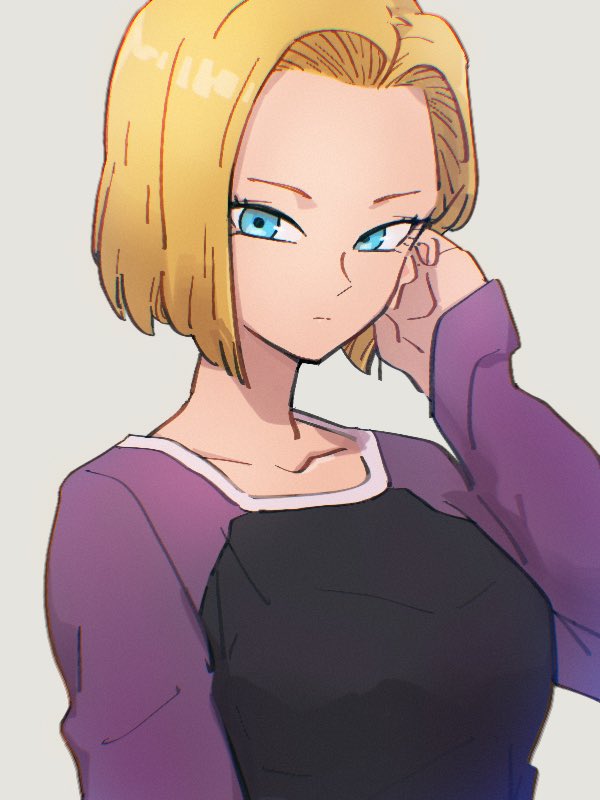 1girl android_18 black_shirt blonde_hair blue_eyes closed_mouth collarbone commentary_request dragon_ball dragon_ball_super grey_background kemachiku long_sleeves looking_at_viewer purple_shirt shirt short_hair simple_background solo two-tone_shirt upper_body