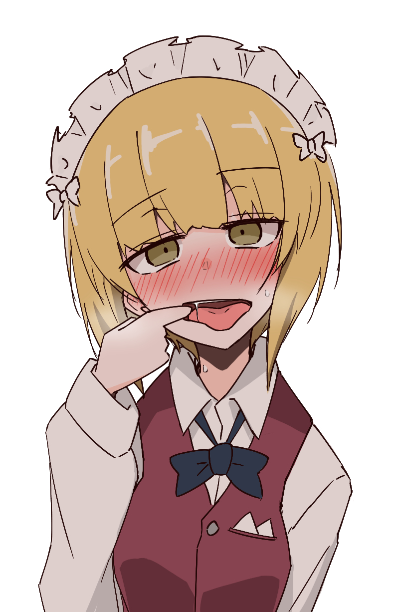1girl ame_(amechan17391739) blonde_hair blush bow bowtie cutlass_(girls_und_panzer) eyebrows_visible_through_hair girls_und_panzer highres maid_headdress mouth_pull saliva short_hair solo sweat tongue tongue_out upper_body vest white_background yellow_eyes