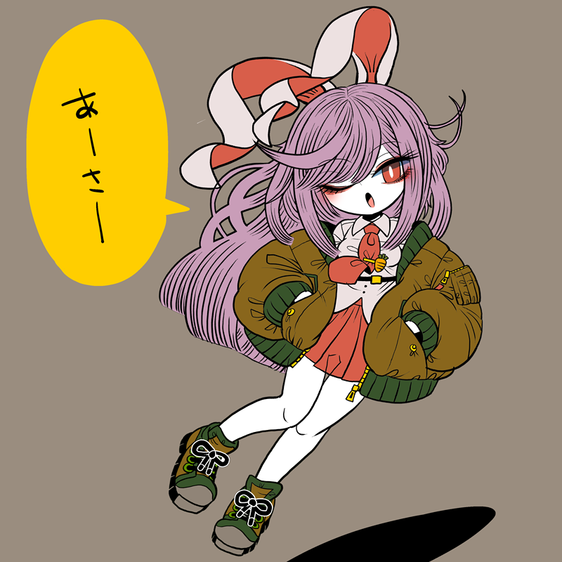 1girl adapted_costume animal_ears bangs bright_pupils brown_background brown_footwear brown_jacket carrot commentary_request full_body hands_in_pockets jacket long_hair long_sleeves looking_at_viewer necktie one_eye_closed open_mouth purple_hair rabbit_ears red_eyes red_necktie red_skirt reisen_udongein_inaba shirt shoes simple_background skirt solo tie_clip touhou translation_request white_pupils white_shirt yt_(wai-tei)