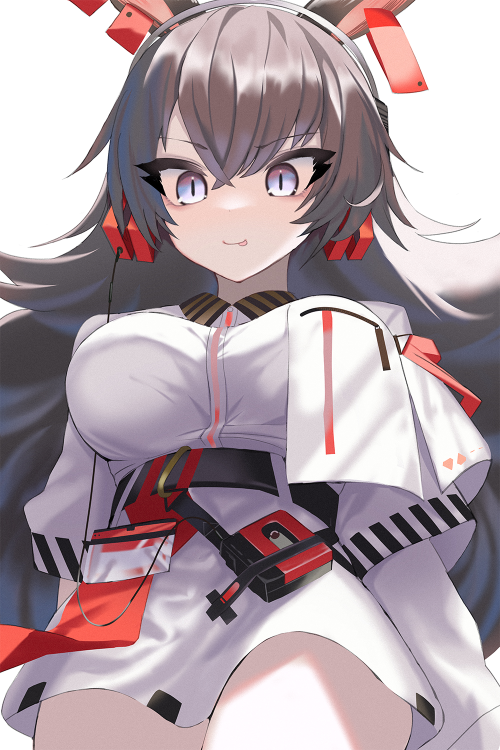 1girl animal_ears april_(arknights) arknights arms_at_sides asymmetrical_sleeves bangs belt black_hair blue_eyes breasts breasts_apart brown_hair collared_dress cowboy_shot crossed_bangs dress eigo_ichii eyebrows_visible_through_hair from_below hair_between_eyes headphones highres implied_extra_ears infection_monitor_(arknights) large_breasts long_hair long_sleeves looking_down rabbit_ears rabbit_girl short_dress slit_pupils smile solo striped taut_clothes taut_dress thick_eyelashes thighs tongue tongue_out tsurime underbust uneven_sleeves very_long_hair walkman white_background white_dress wide_sleeves