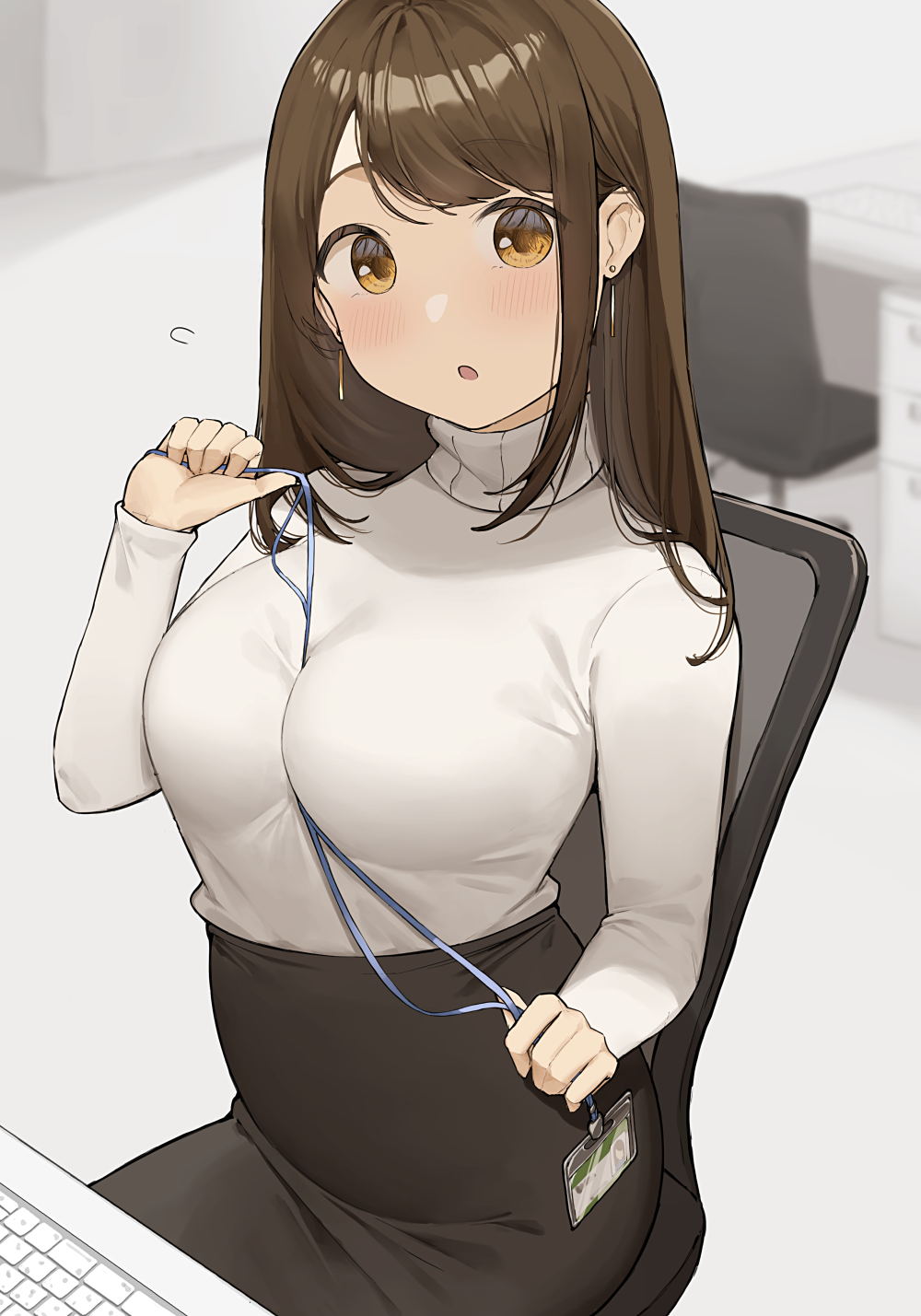 1girl :o bangs between_breasts black_skirt blush breasts brown_eyes brown_hair chair desk drawer earrings highres indoors jewelry keyboard_(computer) lantern long_hair long_sleeves looking_at_viewer medium_breasts name_tag office_chair office_lady ol-chan_(ol_mahonanoka) ol_mahonanoka open_mouth original pencil_skirt shirt shirt_tucked_in skirt solo turtleneck white_shirt