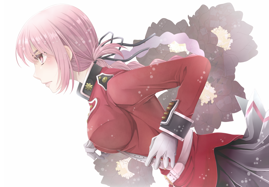 1girl bangs belt black_skirt blush braid braided_ponytail breasts buttons clipboard fate/grand_order fate_(series) florence_nightingale_(fate/grand_order) folded_ponytail gloves highres jacket large_breasts long_hair long_sleeves minnmibouya pantyhose parted_lips pink_hair red_eyes red_jacket sitting skirt thighs white_gloves white_legwear