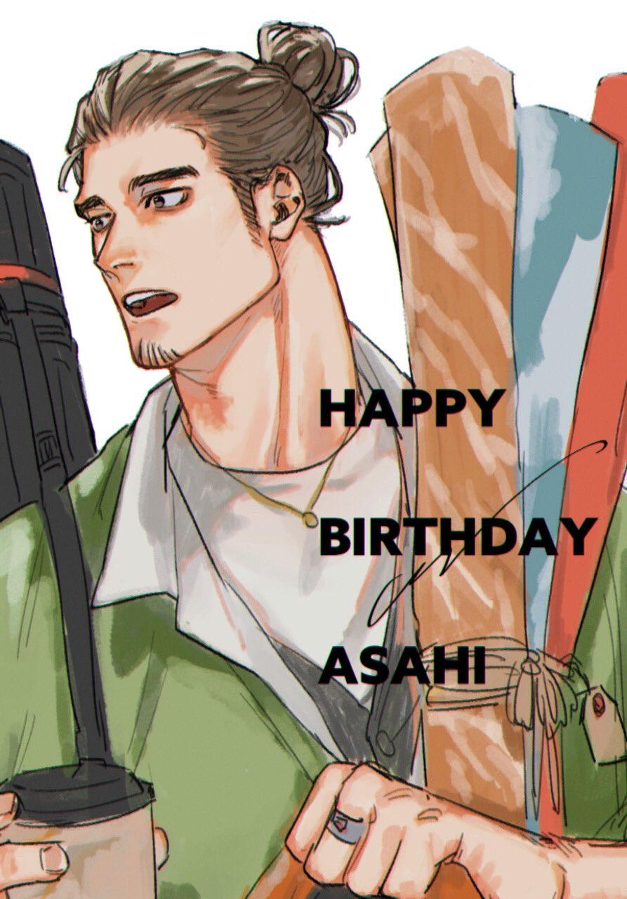 1boy art_supplies azumane_asahi brown_eyes brown_hair cup facial_hair foreground_text goatee haikyuu!! hair_bun happy_birthday highres hot_drink jewelry jotuesday19 lid long_sideburns looking_to_the_side male_focus medium_hair muscular muscular_male necklace open_mouth ring shirt sideburns signature solo steam text_focus tied_hair upper_body white_background white_shirt