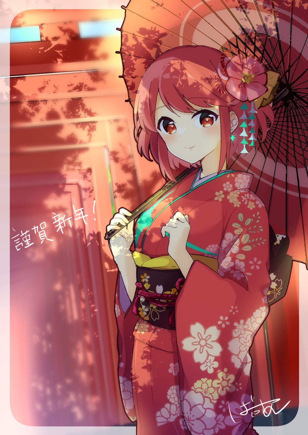 1girl bafarin bangs breasts flower hair_flower hair_ornament highres holding holding_umbrella japanese_clothes kimono large_breasts new_year oil-paper_umbrella parasol pyra_(xenoblade) red_kimono redhead short_hair swept_bangs umbrella xenoblade_chronicles_(series) xenoblade_chronicles_2