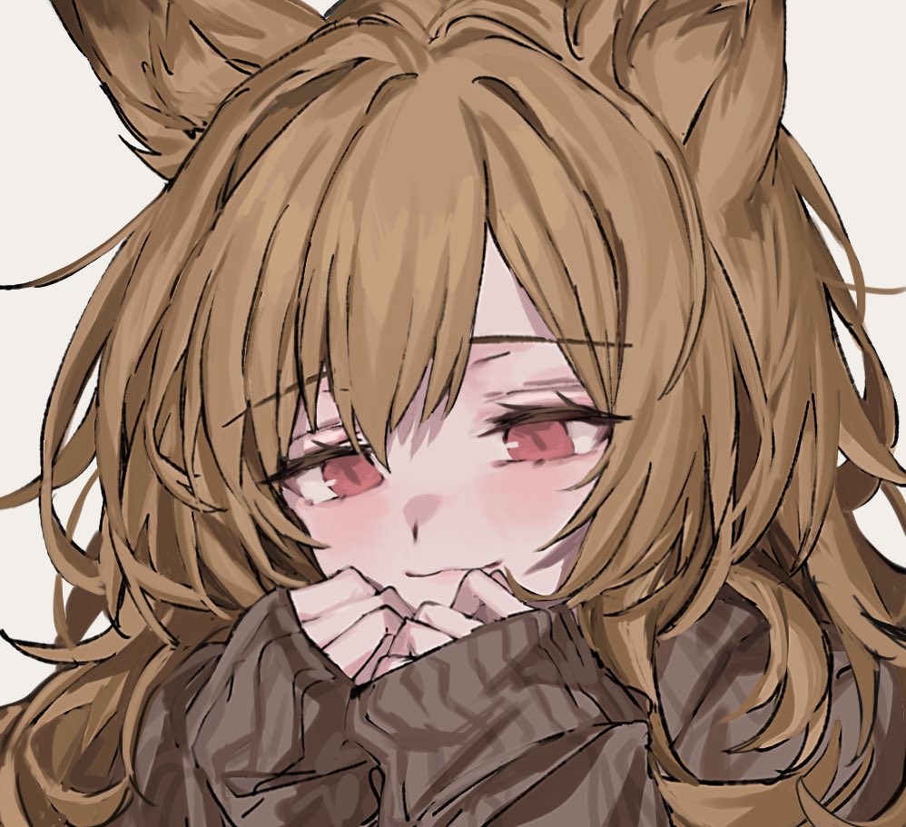 1girl :3 alternate_costume animal_ears aogisa arknights bangs blush brown_hair brown_sweater ceobe_(arknights) closed_mouth dog_ears eyebrows_visible_through_hair long_hair long_sleeves red_eyes simple_background sleeves_past_wrists smile solo sweater symbol-only_commentary white_background