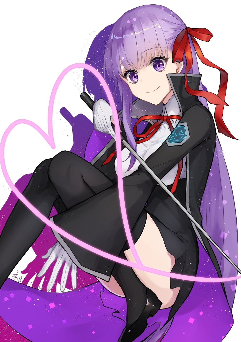 1girl bangs bb_(fate)_(all) bb_(fate/extra_ccc) black_coat black_skirt breasts coat fate/extra fate/extra_ccc fate/grand_order fate_(series) gloves hair_ribbon heri_(sniper579) high-waist_skirt highres holding holding_wand large_breasts leotard long_hair long_sleeves looking_at_viewer neck_ribbon open_clothes open_coat popped_collar purple_eyes purple_hair red_ribbon ribbon skirt smile very_long_hair wand white_gloves white_leotard wide_sleeves