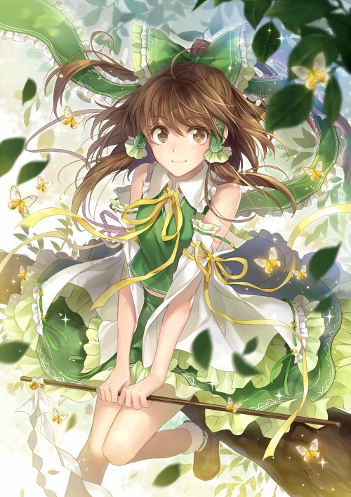1girl alternate_color bangs bare_shoulders bow bowtie branch breasts brown_eyes brown_footwear brown_hair bug butterfly butterfly_wings collar collared_shirt detached_sleeves eyebrows_visible_through_hair flying frills gohei green_bow green_shirt green_skirt hagiwara_rin hair_between_eyes hair_bow hair_ornament hair_tubes hakurei_reimu leaf long_sleeves looking_to_the_side medium_breasts ribbon-trimmed_sleeves ribbon_trim shirt shoes short_hair sitting skirt socks solo touhou tree white_background white_legwear wide_sleeves wings yellow_bow yellow_bowtie
