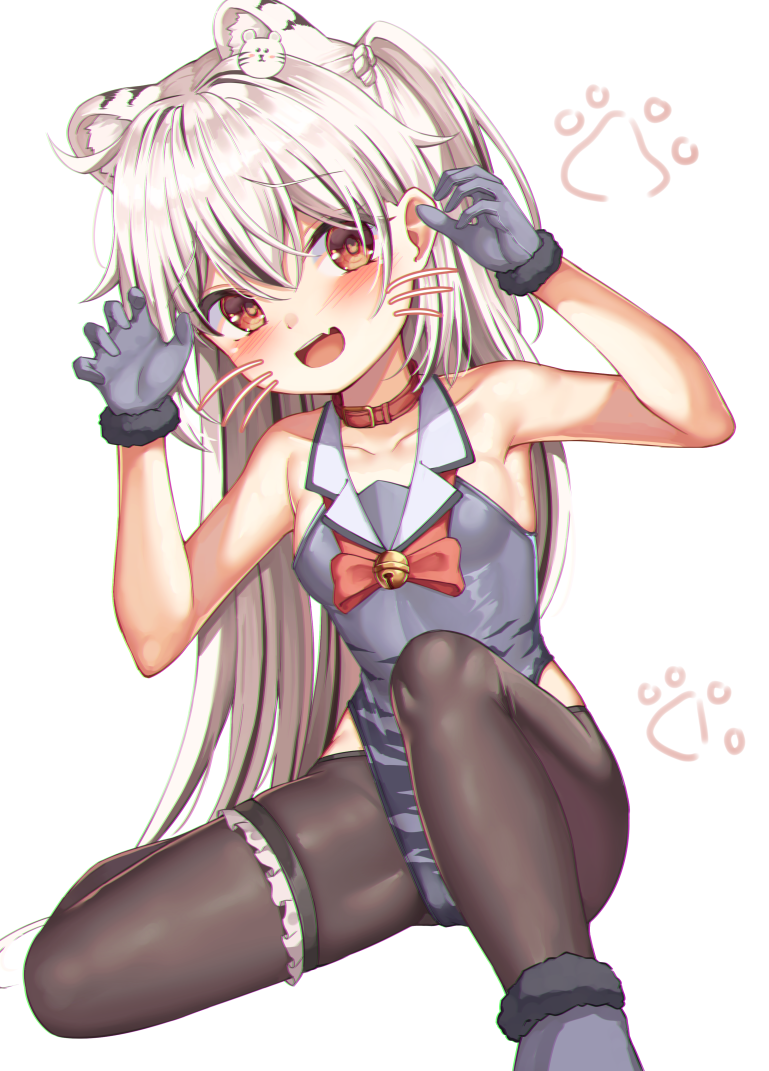 1girl animal_ear_fluff animal_ears bangs bell black_hair black_legwear blush bow bowtie breasts brown_legwear claw_pose collar collarbone commentary_request drawn_whiskers extra_ears eyebrows_visible_through_hair fang gloves grey_gloves grey_leotard hair_between_eyes hair_ornament jingle_bell leg_garter leotard lion_ears lion_hair_ornament long_hair looking_at_viewer mannack multicolored_hair original pantyhose red_bow red_bowtie red_collar red_eyes simple_background skin_fang small_breasts solo streaked_hair two_side_up white_background