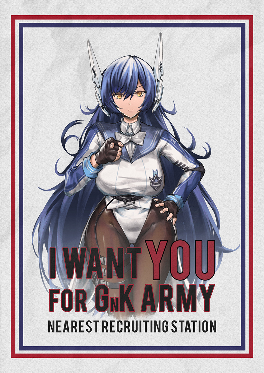 1girl black_gloves blue_hair breasts brown_legwear commission english_text fingerless_gloves girls_frontline gloves highres i_want_you large_breasts leotard long_hair long_sleeves pantyhose parody persocon93 pointing pointing_at_viewer propaganda robot_ears solo tar-21_(girls'_frontline) thigh_strap white_leotard yellow_eyes