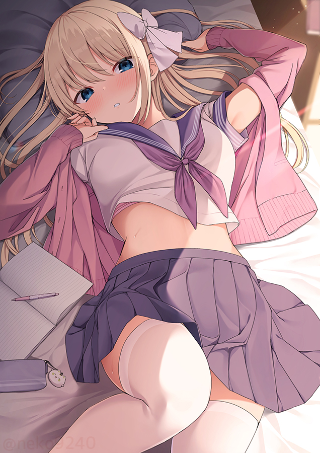 1girl bangs bed_sheet black_legwear blonde_hair blue_eyes blue_skirt blush bra bra_slip clothes_lift commentary_request day eyebrows_visible_through_hair hair_between_eyes hair_ornament hair_ribbon head_on_pillow indoors light_rays long_hair looking_at_viewer lying messy_hair midriff nekokobushi notebook on_back on_bed original parted_lips partial_commentary pen pillow pink_sweater pleated_skirt ribbon school_uniform serafuku shirt shirt_lift skirt solo spread_lips sunlight sweater thigh-highs underwear white_legwear white_shirt