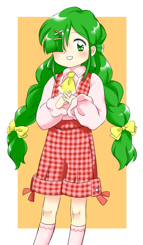 1girl ascot bangs blunt_bangs blunt_tresses border bow braid collared_shirt contrapposto dot_nose eyebrows_visible_through_hair feet_out_of_frame frilled_sleeves frills green_eyes green_hair grin hair_bow hair_ornament hair_over_one_eye hairclip half_updo hands_up kazami_yuuka kazami_yuuka_(pc-98) kneehighs light_blush long_hair long_sleeves looking_at_viewer low_twintails nonamejd official_style one_eye_covered outside_border own_hands_clasped own_hands_together parted_bangs parted_lips plaid plaid_shorts plaid_vest puffy_long_sleeves puffy_sleeves red_shorts red_vest shirt shorts simple_background smile solo standing tareme touhou touhou_(pc-98) twin_braids twintails very_long_hair vest white_border wing_collar x_hair_ornament yellow_ascot yellow_background yellow_bow zun_(style)