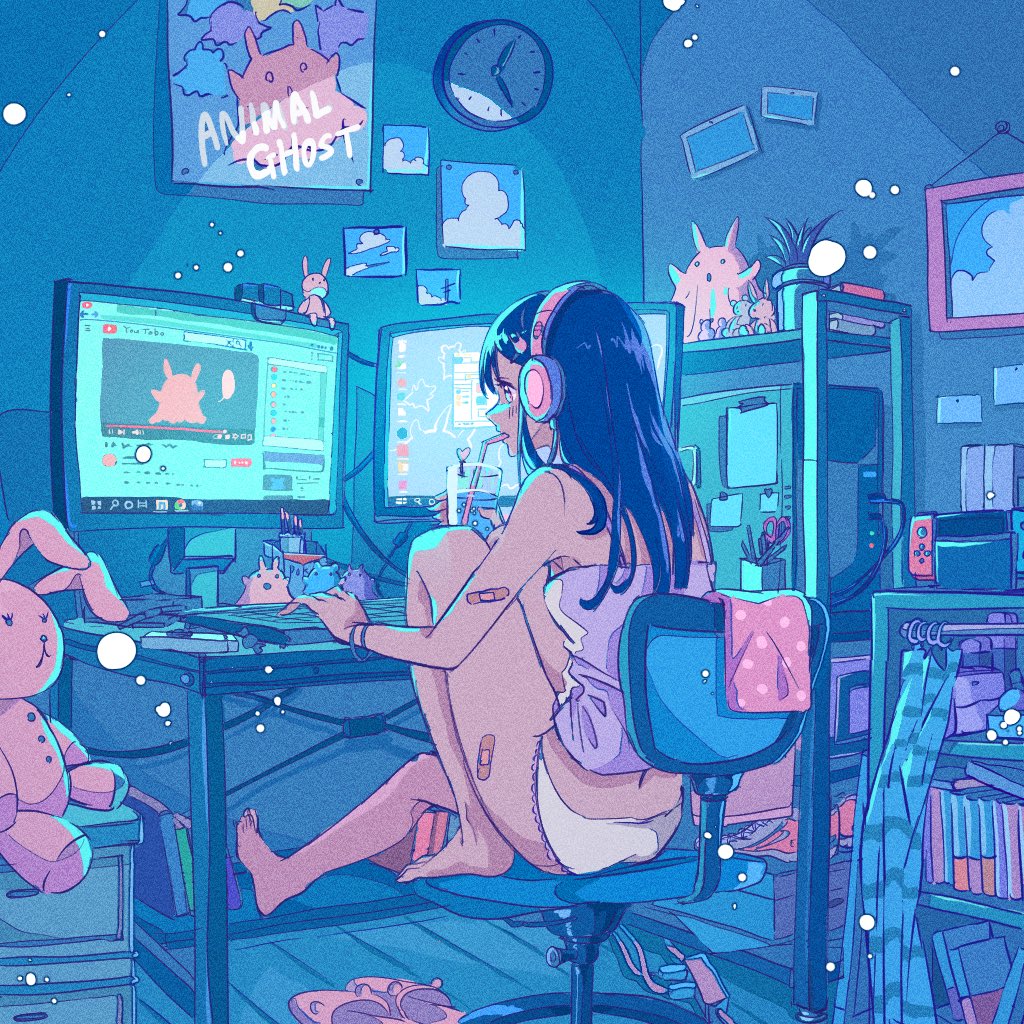 1girl bandaid bandaid_on_arm bandaid_on_leg bare_shoulders barefoot bedroom black_hair blue_theme book camisole clock commentary computer computer_tower cup desk drawer drinking drinking_glass drinking_straw from_behind full_body headphones holding holding_cup indoors keyboard_(computer) knee_up limited_palette long_hair monitor nathuo101102 nintendo_switch on_chair original panties picture_(object) pink_camisole poster_(object) sitting slippers slippers_removed solo stuffed_animal stuffed_bunny stuffed_toy underwear wall_clock white_panties