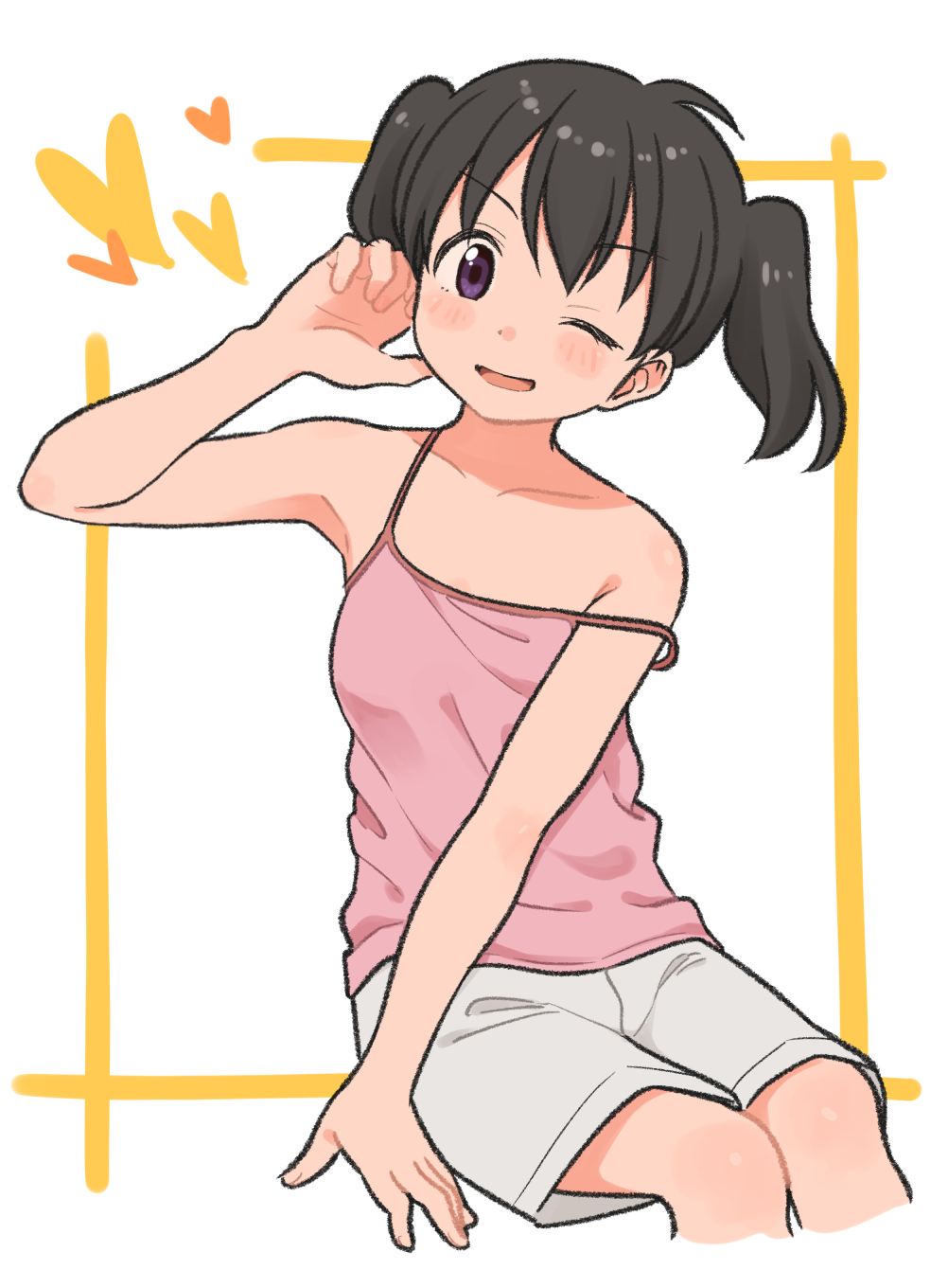 1girl ahoge bangs bare_shoulders black_hair blush_stickers camisole collarbone commentary cropped_legs eyebrows_visible_through_hair grey_shorts hand_up heart highres invisible_chair kuraue_hinata looking_at_viewer meis_(terameisu) one_eye_closed open_mouth pink_camisole revision short_hair shorts sitting sketch smile solo spaghetti_strap strap_slip twintails violet_eyes white_background yama_no_susume