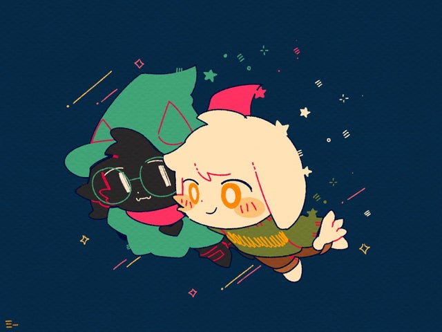 asriel_dreemurr boss_monster cute darkner_species fluffy flying furry goat green_shirt hat hyeing02 kawaii monster night night_sky pants pocket ralsei shirt sky smol star_(sky) tunic white_fur wizard_hat