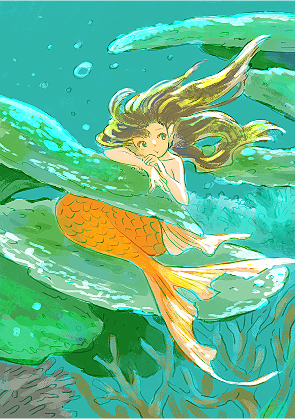 1girl :t air_bubble arm_rest backlighting brown_hair bubble clenched_hand closed_mouth collarbone coral coral_reef dappled_sunlight dot_nose facing_viewer fins floating_hair full_body head_fins head_rest long_hair looking_away looking_to_the_side looking_up mermaid monaka_(siromona) monster_girl ocean_bottom original sea_anemone sitting solo sunlight tail tail_fin underwater