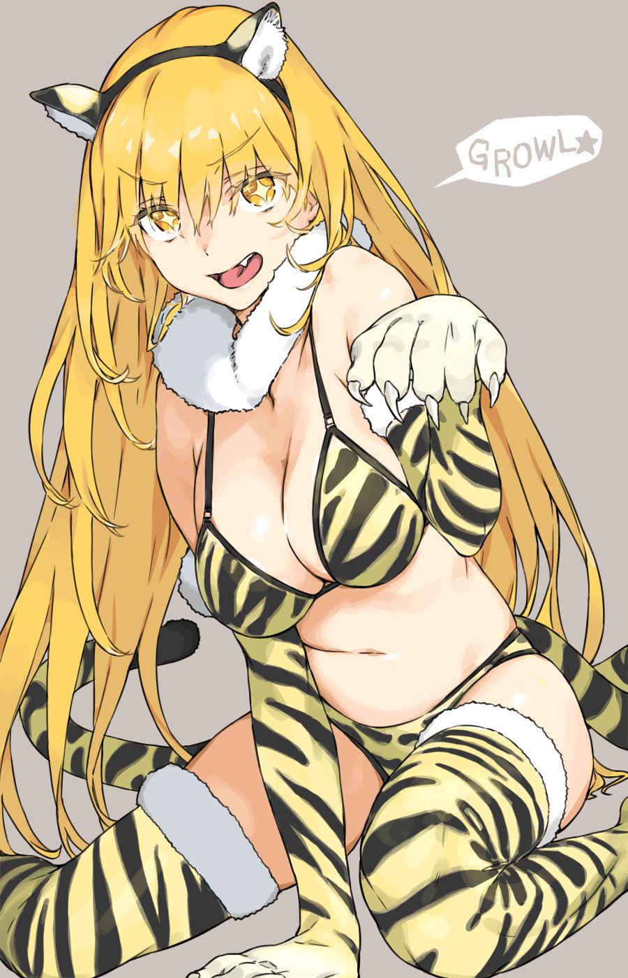 +_+ animal_ears animal_hands animal_print bikini bikini_top blonde_hair breasts fake_animal_ears fake_tail fur_collar fur_trim gloves haimura_kiyotaka highres large_breasts long_hair official_art paw_gloves shokuhou_misaki swimsuit tail thigh-highs tiger_ears tiger_girl tiger_print tiger_tail toaru_majutsu_no_index yellow_eyes