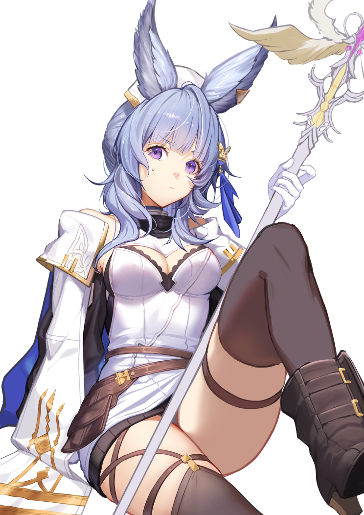 1girl animal_ears bangs belt blue_hair breasts center_opening dress erune eyebrows_visible_through_hair gloves granblue_fantasy hair_ornament holding holding_staff jacket knee_up long_hair looking_at_viewer medium_breasts pouch sitting solo staff thigh-highs thigh_strap thighs tikoh violet_eyes white_dress white_gloves white_jacket ya99ru
