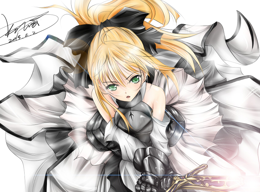 1girl absurdres ahoge armor armored_boots armored_dress artoria_pendragon_(all) bangs black_bow blonde_hair blush boots bow breastplate caliburn caliburn_(fate) dress eyebrows_visible_through_hair fate/grand_order fate/unlimited_codes fate_(series) gauntlets green_eyes hair_between_eyes hair_bow highres holding holding_sword holding_weapon ko-wei long_hair parted_lips ponytail saber_lily scan sidelocks solo standing sword weapon white_dress
