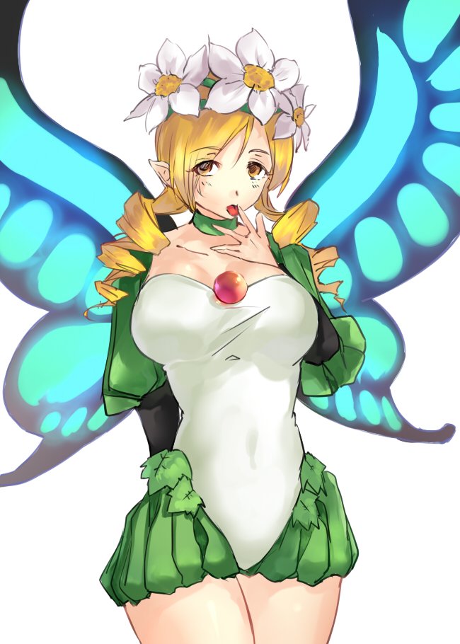 1girl blonde_hair braid breasts brown_eyes butterfly_wings fairy flower hair_flower hair_ornament long_hair looking_at_viewer mercedes_(odin_sphere) negresco odin_sphere pointy_ears simple_background solo twin_braids white_background wings