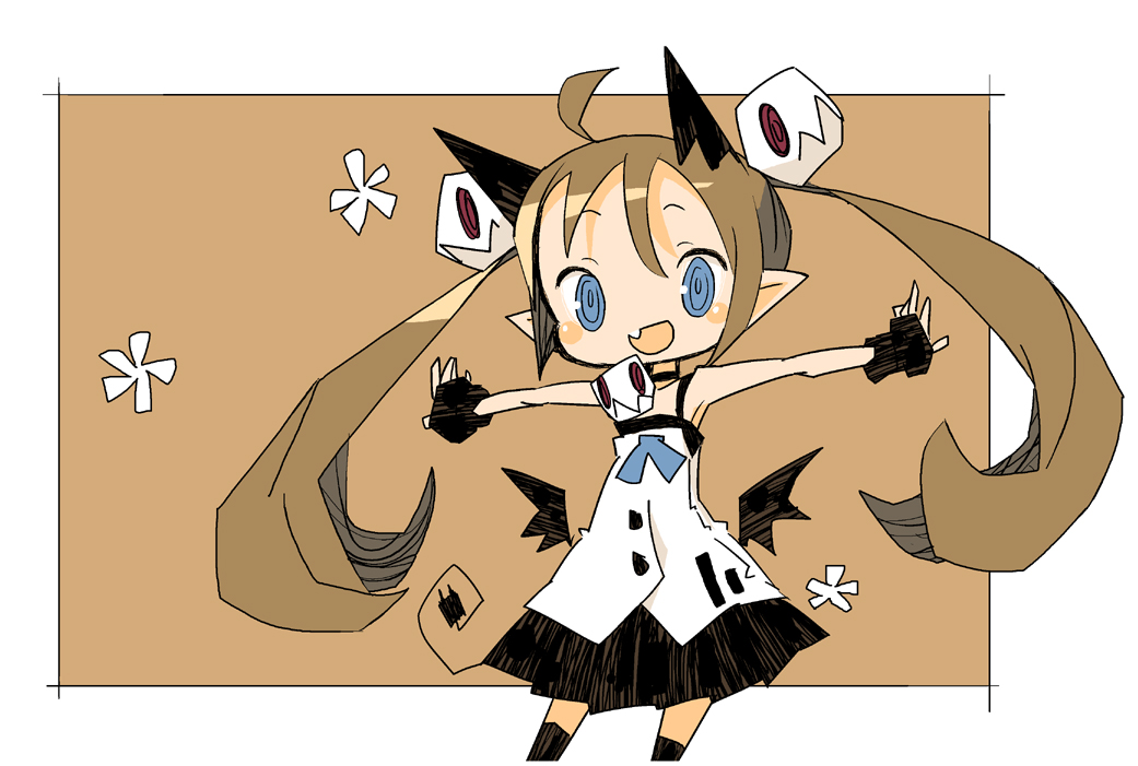 1girl :d @_@ ahoge animal_ears armpits bangs bare_arms bare_shoulders black_choker black_gloves black_legwear black_skirt black_wings blue_bow blue_eyes blush_stickers border bow brown_background brown_hair cat_ears choker contrapposto cowboy_shot demon_wings fang fingerless_gloves floating_hair flower_(symbol) gloves hair_between_eyes hair_ornament happy long_hair looking_at_viewer low_wings mini_wings miniskirt no_nose open_mouth original outside_border outstretched_arms pleated_skirt pointy_ears shirt skirt skull_hair_ornament sleeveless sleeveless_shirt smile solo spread_arms tan_background thigh-highs twintails very_long_hair white_border white_shirt wings yukihi zettai_ryouiki