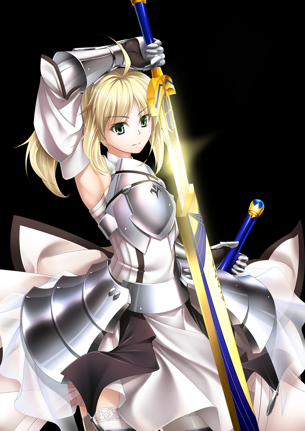 1girl absurdres ahoge armor armored_boots armored_dress artoria_pendragon_(all) bangs black_bow blonde_hair blush boots bow breastplate caliburn caliburn_(fate) dress eyebrows_visible_through_hair fate/grand_order fate/unlimited_codes fate_(series) gauntlets green_eyes hair_between_eyes hair_bow highres holding holding_sword holding_weapon long_hair parted_lips ponytail saber_lily scan sidelocks solo standing sword tada_(pixiv3100885) weapon white_dress