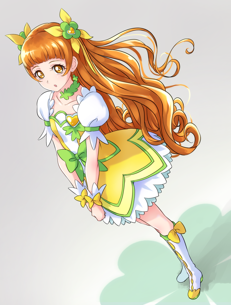 1girl alternate_hairstyle boots bow brown_eyes brown_hair chocokin choker clip_studio_paint_(medium) clover collarbone cure_rosetta dokidoki!_precure dress flower from_above gradient gradient_background green_choker grey_background hair_flower hair_ornament heart_brooch highres long_hair looking_at_viewer looking_up open_mouth precure puffy_short_sleeves puffy_sleeves short_sleeves solo waist_bow white_dress white_footwear wrist_cuffs yellow_dress yotsuba_alice