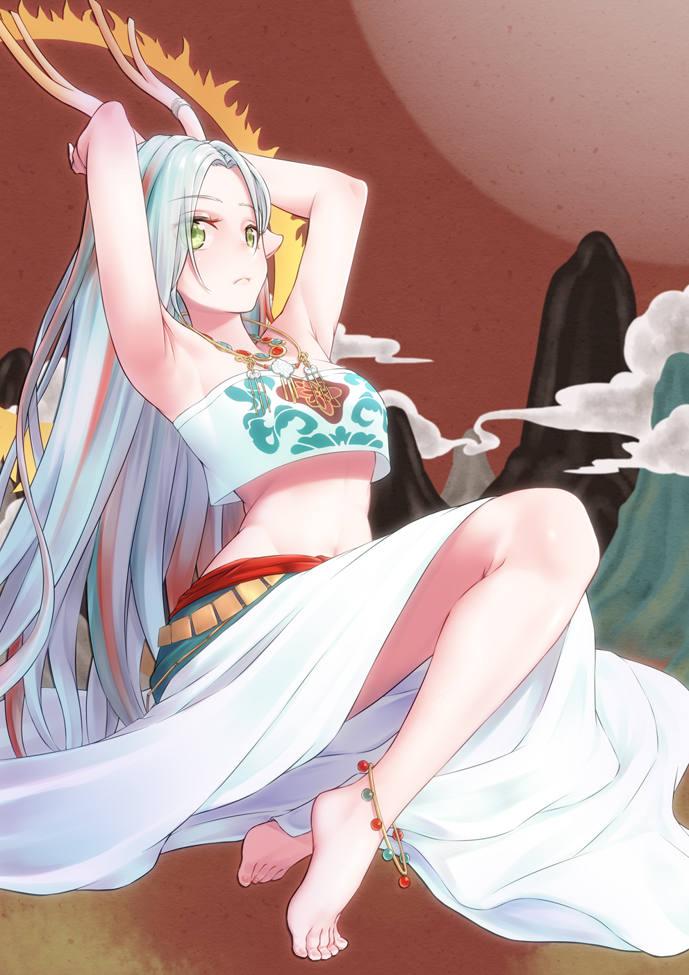 a_deer_of_nine_colors anklet antlers arknights armpits arms_up bare_legs barefoot blue_hair blush closed_mouth colored_skin commentary_request crop_top forehead full_body green_eyes highres jewelry long_hair long_skirt looking_at_viewer midriff multicolored_hair navel necklace nine-colored_deer pointy_ears red_skin redhead silver_hair sitting skirt streaked_hair toes two-tone_hair very_long_hair white_skirt yamauchi_(conan-comy)