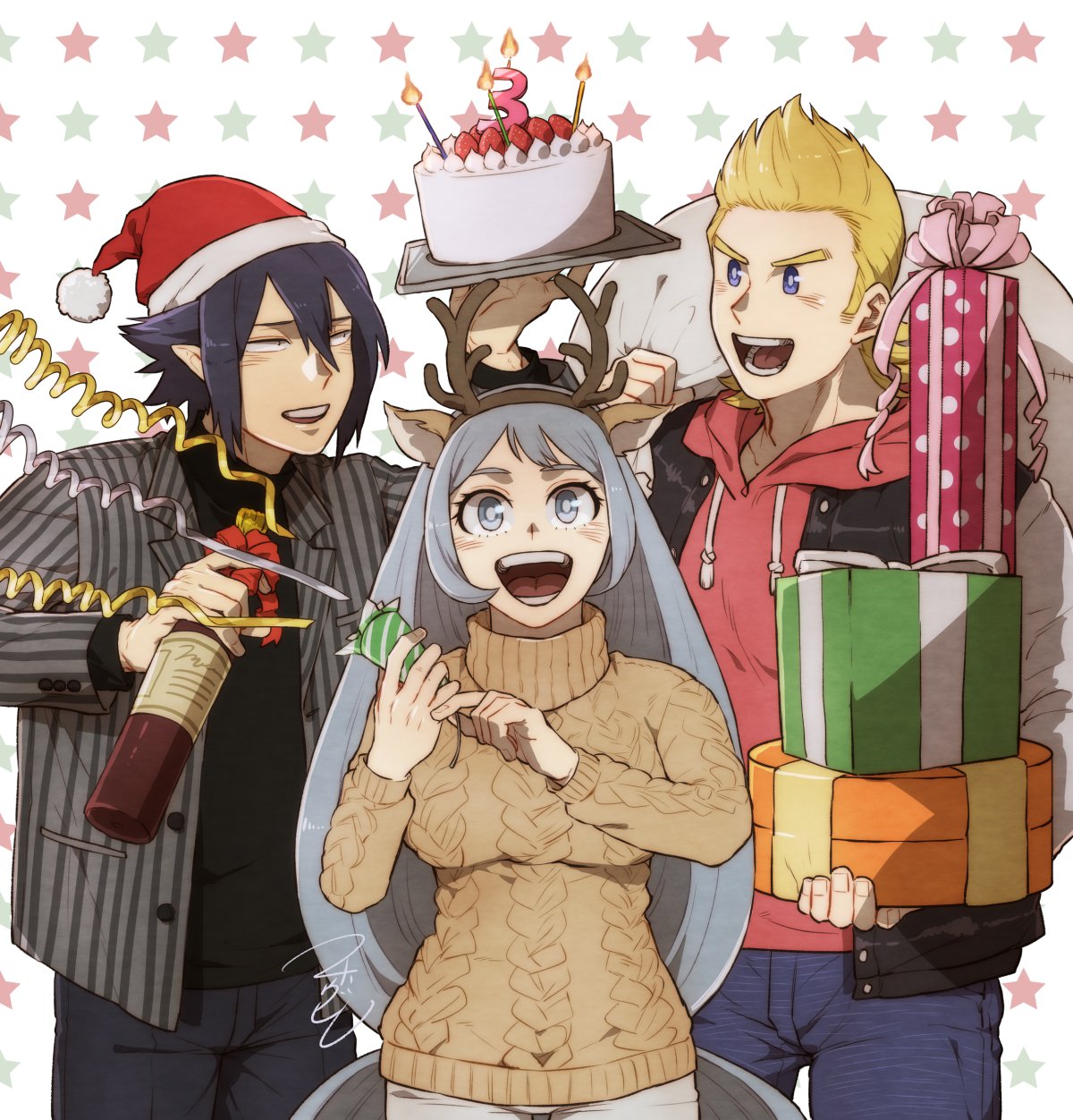 1girl 2boys amajiki_tamaki animal_ears antlers black_hair black_shirt blazer blonde_hair blue_eyes boku_no_hero_academia bottle bow box cake candle christmas confetti excited fake_animal_ears fake_antlers food fruit fur-trimmed_headwear gift gift_box grey_hair grin hadou_nejire hair_between_eyes hat highres holding holding_sack hood hoodie jacket knit_sweater letterman_jacket long_hair looking_at_another mahoubin_(totemo_hot_dayo) medium_hair multiple_boys open_mouth pants party_popper patterned_background pointy_ears quiff reindeer_antlers ribbon sack santa_hat shirt short_hair signature smile star_(symbol) star_print straight-on strawberry sweater togata_mirio turtleneck turtleneck_sweater very_long_hair wine_bottle