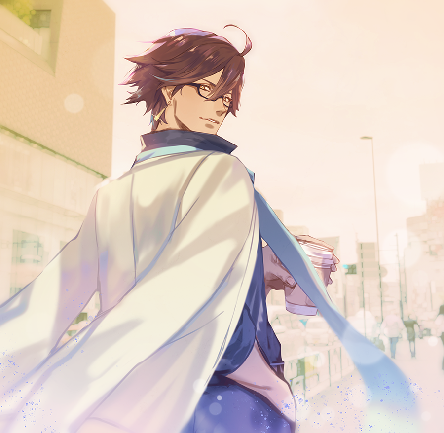 1boy bespectacled blue_hair blue_scarf brown_hair cafe_camelot cape coffee_cup cup dark-skinned_male dark_skin disposable_cup earrings fate/prototype fate/prototype:_fragments_of_blue_and_silver fate_(series) glasses hand_in_pocket holding holding_cup jacket jacket_on_shoulders jewelry looking_back male_focus ozymandias_(fate) scarf solo white_jacket yellow_eyes yepnean