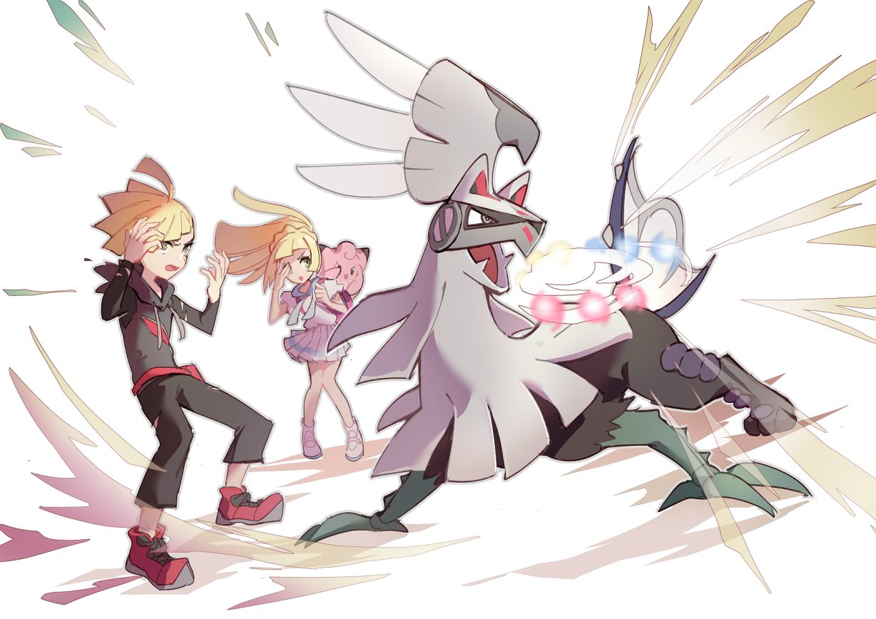 1boy 1girl ahoge blonde_hair brother_and_sister clefairy commentary_request energy floating_hair gladion_(pokemon) green_eyes hood hood_down hoodie huan_li lillie_(pokemon) open_mouth pants pleated_skirt pokemon pokemon_(creature) pokemon_(game) pokemon_sm ponytail red_footwear shirt shoes short_hair siblings silvally skirt standing white_background white_footwear white_shirt white_skirt
