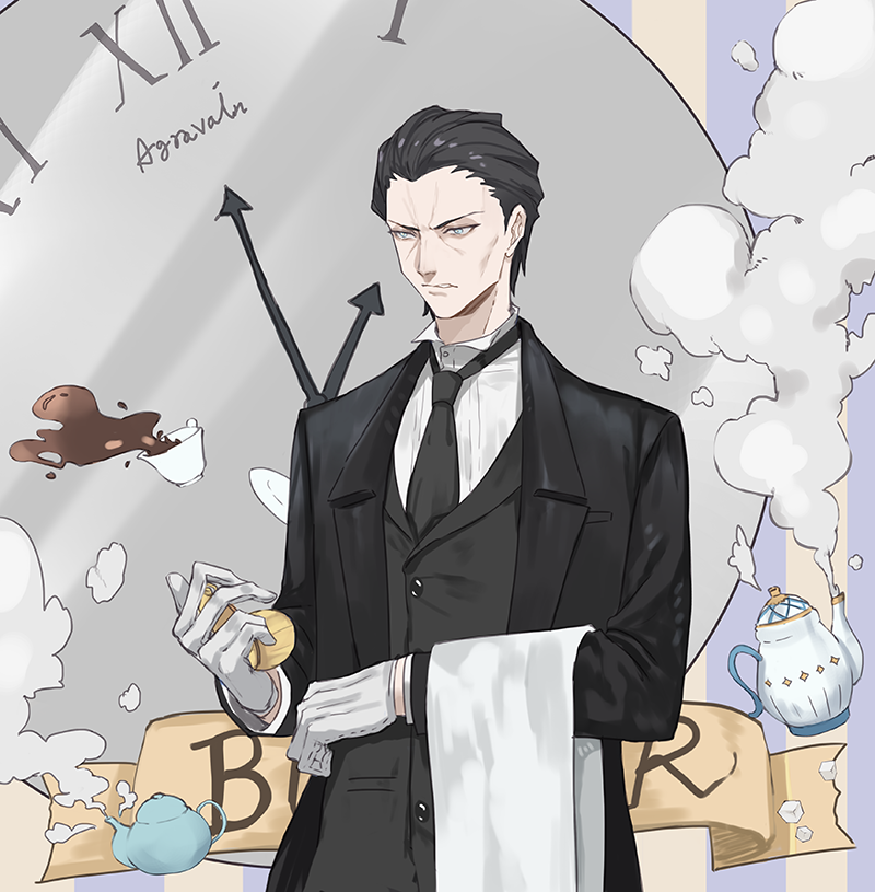 1boiy agravain_(fate) black_hair butler character_name clock cup fate/grand_order fate_(series) gloves hair_slicked_back necktie serious solo teacup teapot waiter white_gloves yepnean