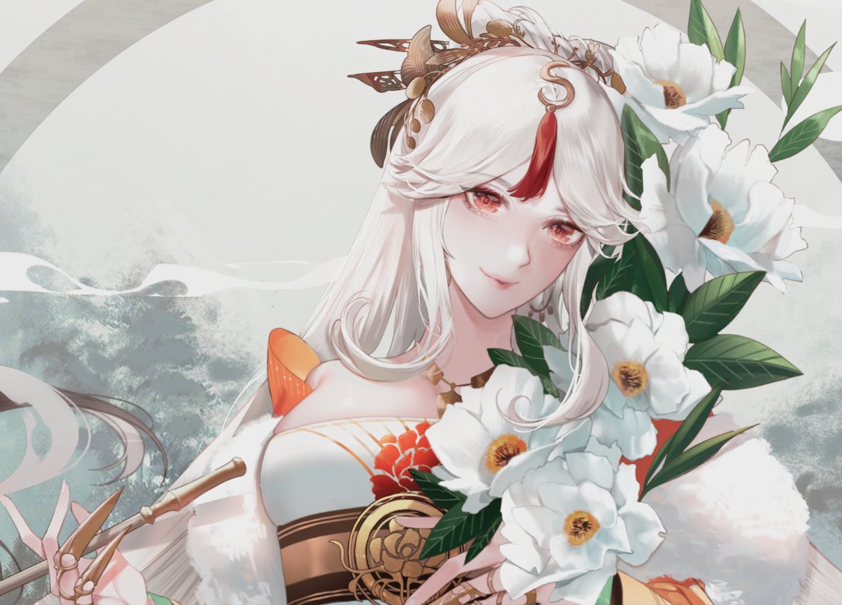 1girl breasts china_dress chinese_clothes claw_ring dress flower forest genshin_impact grey_sky hair_ornament hair_stick hair_tassel hairpin holding holding_flower holding_pipe long_hair medium_breasts nature ningguang_(genshin_impact) pipe red_eyes shei99 tassel upper_body white_hair