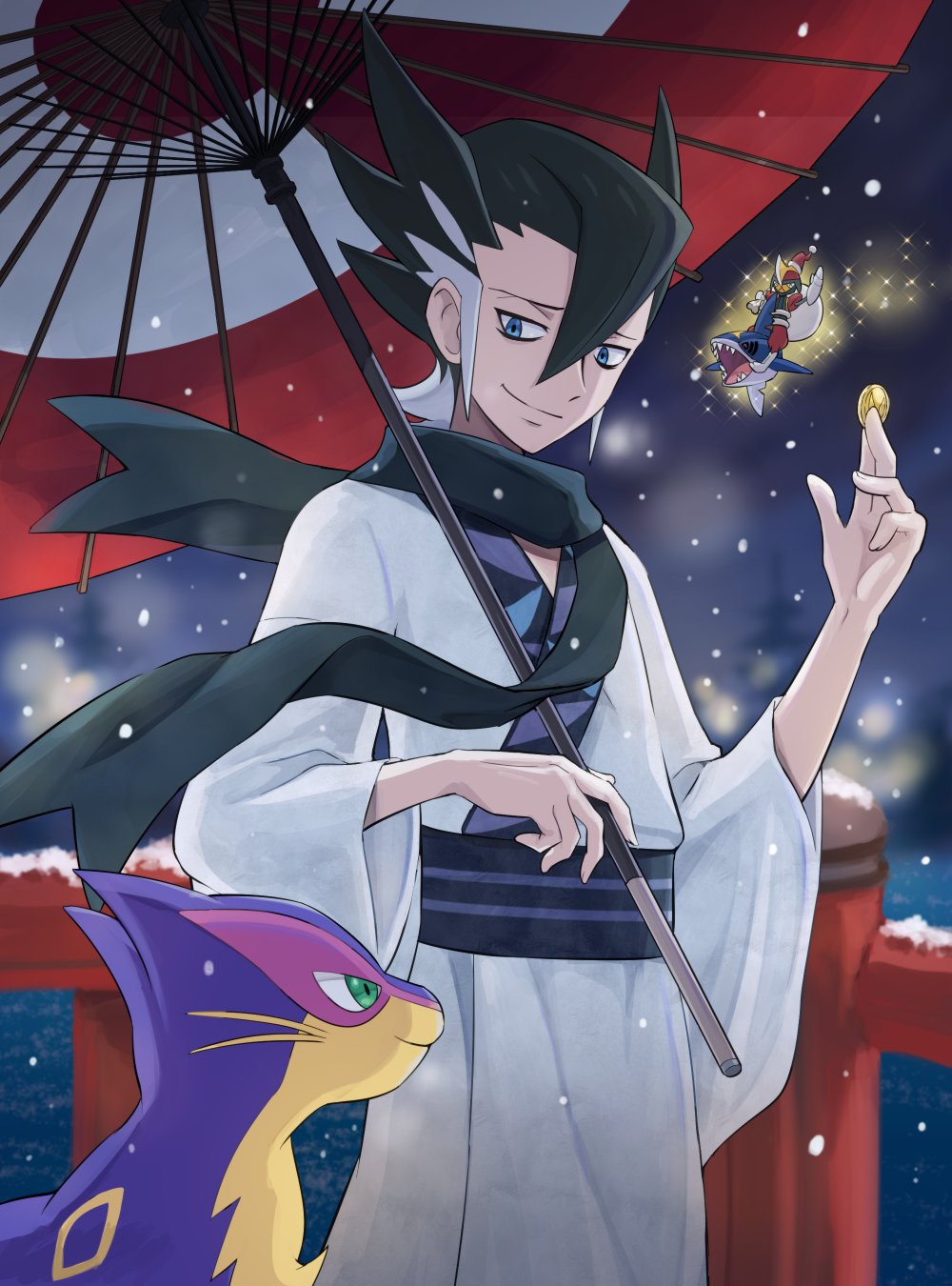 1boy bangs bisharp black_hair black_scarf blue_eyes blurry closed_mouth coin commentary_request fence floating_scarf grey_hair grimsley_(pokemon) hair_between_eyes highres holding holding_coin holding_umbrella japanese_clothes kimono liepard looking_down male_focus multicolored_hair night outdoors pokemoa pokemon pokemon_(creature) pokemon_(game) pokemon_sm red_umbrella sash scarf sharpedo short_hair smile snowing spiky_hair two-tone_hair umbrella white_kimono wide_sleeves