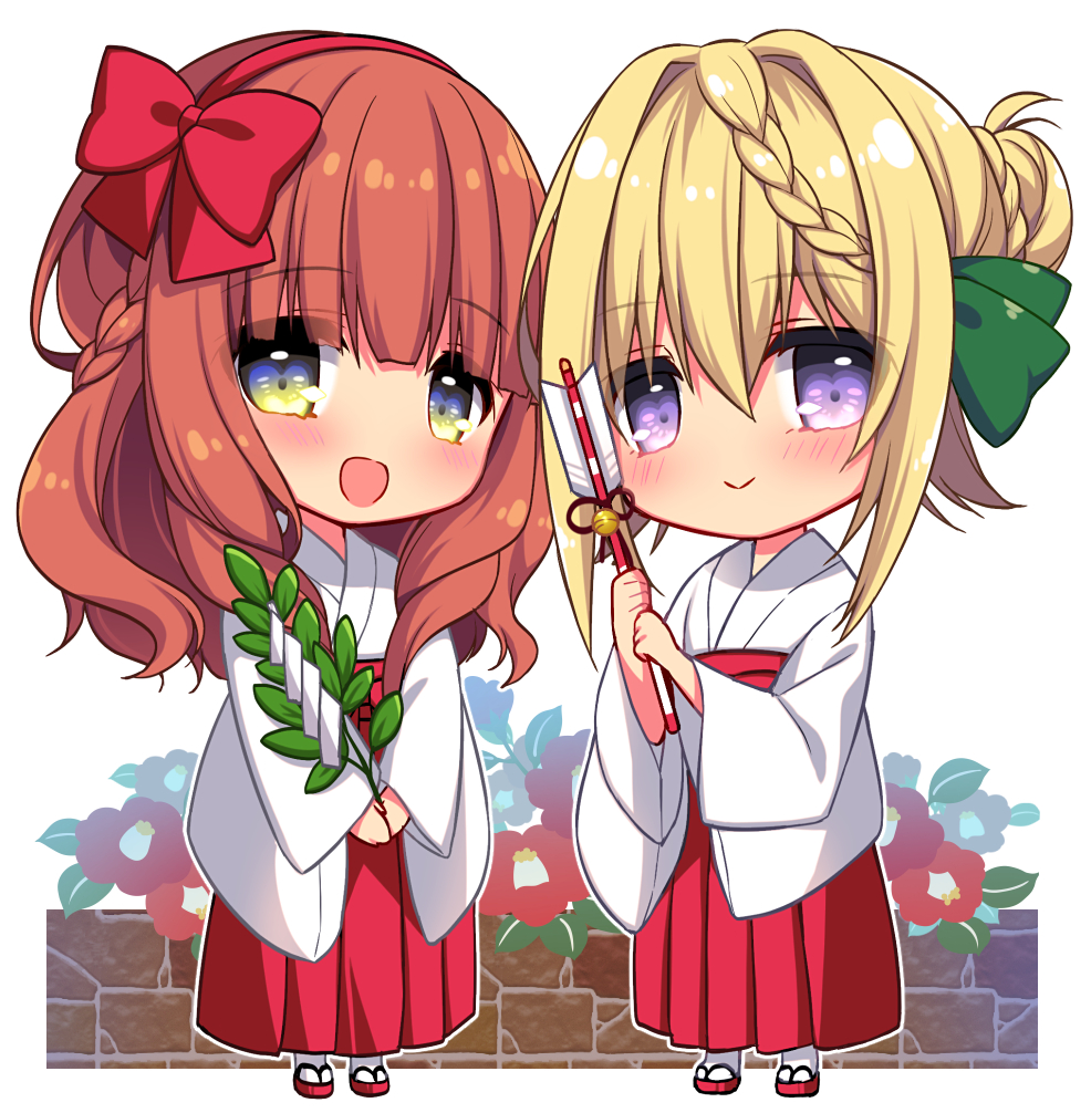 2girls alternate_costume arrow_(projectile) bangs blonde_hair blunt_bangs blush bow braid braided_bangs braided_bun chibi commentary_request de_ruyter_(kancolle) eyebrows_visible_through_hair green_ribbon hair_between_eyes hair_bow hair_ribbon hairband hakama hamaya holding japanese_clothes kantai_collection long_hair miko multiple_girls open_mouth orange_hair perth_(kancolle) red_hairband red_hakama ribbon ringo_sui smile standing violet_eyes wide_sleeves