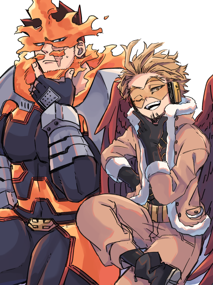 &gt;_o 2boys beard boku_no_hero_academia crossed_legs endeavor_(boku_no_hero_academia) facial_hair fur-trimmed_jacket fur_trim hawks_(boku_no_hero_academia) jacket large_pectorals looking_at_viewer male_focus mature_male miso_(mimimiso) multiple_boys muscular muscular_male one_eye_closed pectorals redhead scar scar_across_eye scar_on_face short_hair sideburns spiky_hair stroking_beard stubble thick_thighs thighs