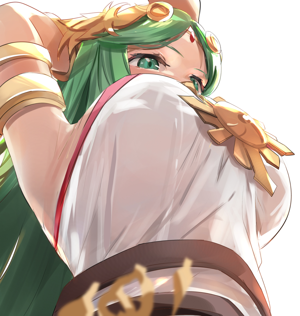 1girl arm_up armlet armpits belt breast_focus breasts dress forehead_jewel green_eyes green_hair jewelry kid_icarus large_breasts laurel_crown multiple_belts palutena pendant solo strapless strapless_dress super_smash_bros. tiara tomas_(kaosu22)