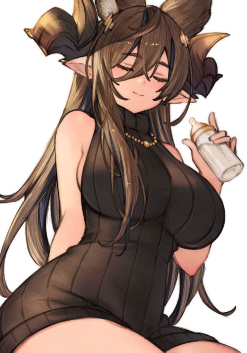 1girl arm_behind_back baby_bottle bangs bare_arms bare_shoulders black_dress black_hair black_sweater blush bottle breasts brown_hair closed_eyes closed_mouth draph dress eyebrows_visible_through_hair facing_viewer galleon_(granblue_fantasy) granblue_fantasy hair_between_eyes holding holding_bottle horns jewelry koretsuki_azuma large_breasts milk multicolored_hair necklace no_bra pointy_ears sideboob simple_background sitting sleeveless sleeveless_sweater smile solo streaked_hair sweater sweater_dress two-tone_hair white_background